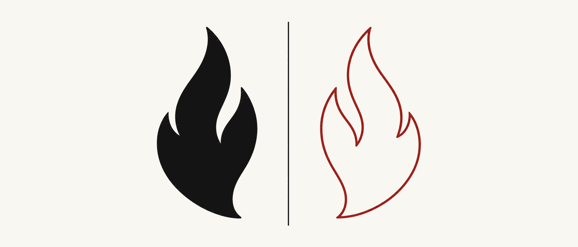 Two flame shapes facing each other across a vertical rule — one solid black, the other a hollow crimson outline.